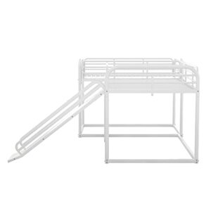 LostCat Bunk Bed,Full and Twin Size L-Shaped Bunk Bed with Slide and Short Ladder,Metal Bunk Bed Frame,Easy Assembly,No Box Spring Needed,Bunk Beds for Teens(White)