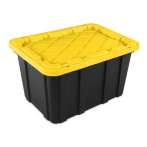 Sterilite 27 Gal Industrial Tote, Stackable Storage Bin with Snap-Fit Lid for Garage, Basement & Attic Storage, Black Base and Yellow Lily Lid, 6-Pack