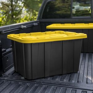 Sterilite 27 Gal Industrial Tote, Stackable Storage Bin with Snap-Fit Lid for Garage, Basement & Attic Storage, Black Base and Yellow Lily Lid, 6-Pack