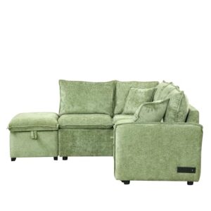 FANYE L-Shaped Corner Chenille Upholstered Sleeper Sectional Sofa Practical Convertible Sleep Sofabed W/Pull Out Sleep Couch Bed, Storage Ottoman and USB Charge Ports for Living Room