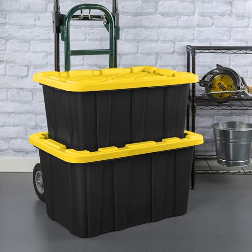 Sterilite 27 Gal Industrial Tote, Stackable Storage Bin with Snap-Fit Lid for Garage, Basement & Attic Storage, Black Base and Yellow Lily Lid, 6-Pack