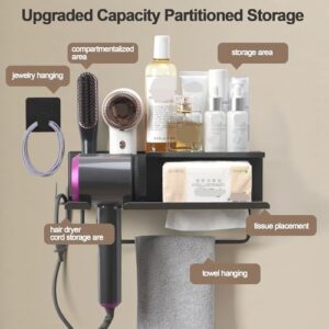 Hair Dryer Holder Hair Tool Organizer Wall Mount, 6 in 1 Adhesive Blow Dryer Holder, Bathroom Organizer for Hair Dryer,Towel, Tissue, Straighteners, Hair Dryer Stand for Home Hotel Barbershop