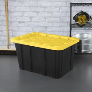 Sterilite 27 Gal Industrial Tote, Stackable Storage Bin with Snap-Fit Lid for Garage, Basement & Attic Storage, Black Base and Yellow Lily Lid, 6-Pack