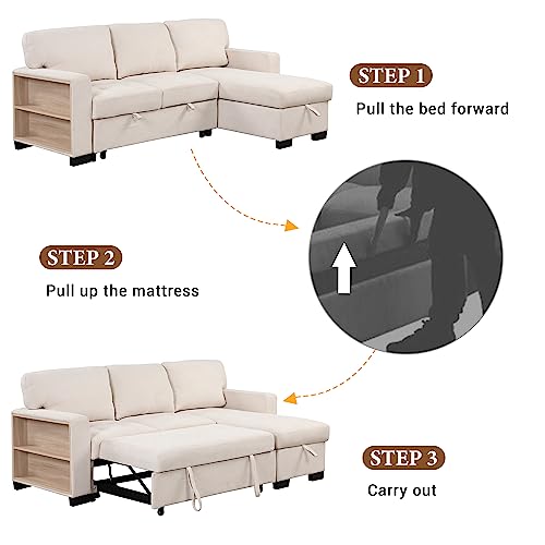 L-Shaped Pull Out Sleep Sofabed,Modern Reversible Sleeper Sectional Sofa Chenille Upholstered Tufted Sofa&Couch with Storage Chaise, Drop-Down Table, Cup Holders, Charging Ports,Power Sockets, Racks