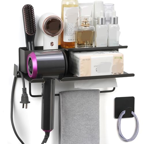 Hair Dryer Holder Hair Tool Organizer Wall Mount, 6 in 1 Adhesive Blow Dryer Holder, Bathroom Organizer for Hair Dryer,Towel, Tissue, Straighteners, Hair Dryer Stand for Home Hotel Barbershop