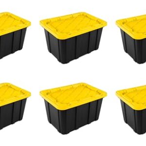 Sterilite 27 Gal Industrial Tote, Stackable Storage Bin with Snap-Fit Lid for Garage, Basement & Attic Storage, Black Base and Yellow Lily Lid, 6-Pack