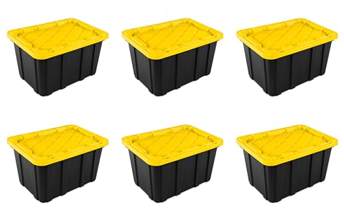 Sterilite 27 Gal Industrial Tote, Stackable Storage Bin with Snap-Fit Lid for Garage, Basement & Attic Storage, Black Base and Yellow Lily Lid, 6-Pack