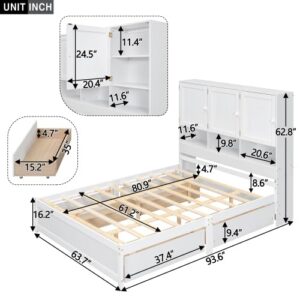 GM Ultra Queen Size Bed Frame with Storage Headboard, Bed Frame Queen Size with 4 Storage Drawers Cabinet, Platform Bed Frame Queen Size with Cabinet, No Box Spring Needed, Easy Assembly, White