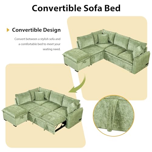 FANYE L-Shaped Corner Chenille Upholstered Sleeper Sectional Sofa Practical Convertible Sleep Sofabed W/Pull Out Sleep Couch Bed, Storage Ottoman and USB Charge Ports for Living Room