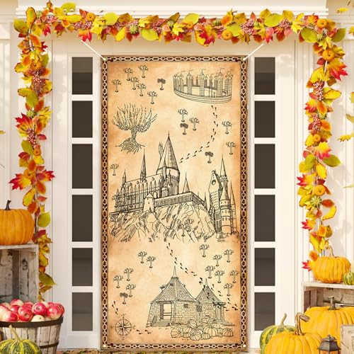 Magical Witch Wizard Halloween Door Cover Hogwarts Photo Backdrop Halloween Birthday Party Decorations and Supplies for Home