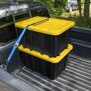 Sterilite 27 Gal Industrial Tote, Stackable Storage Bin with Snap-Fit Lid for Garage, Basement & Attic Storage, Black Base and Yellow Lily Lid, 6-Pack