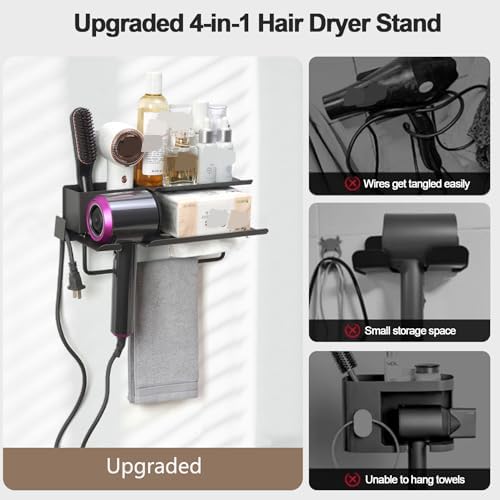 Hair Dryer Holder Hair Tool Organizer Wall Mount, 6 in 1 Adhesive Blow Dryer Holder, Bathroom Organizer for Hair Dryer,Towel, Tissue, Straighteners, Hair Dryer Stand for Home Hotel Barbershop