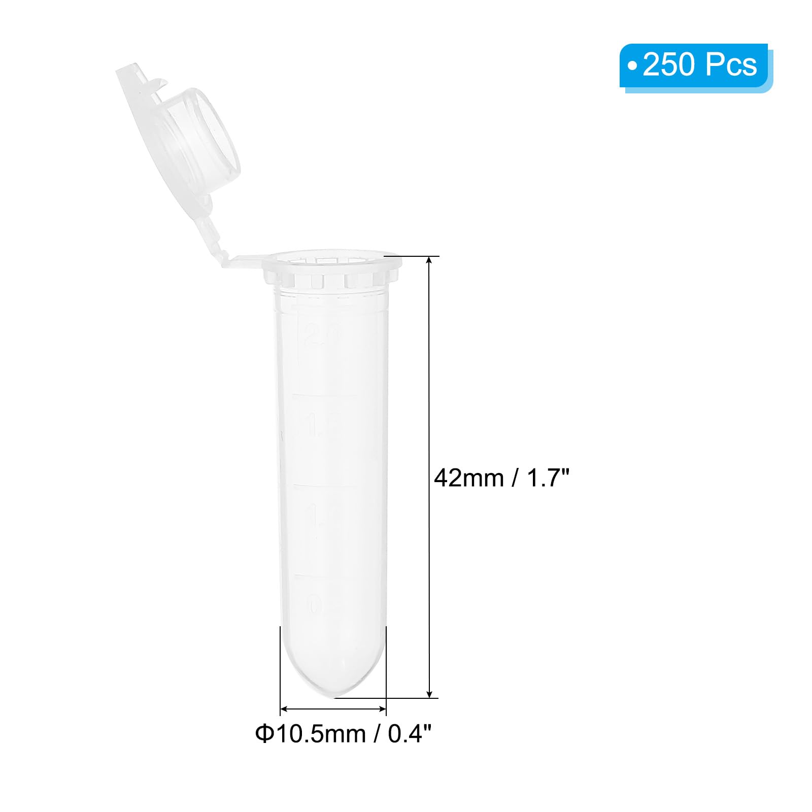 PATIKIL 2.0ML Plastic Centrifuge Tubes, 250 Pcs Microcentrifuge Tubes with Snap Cap and Graduated Marks for Sample Storage, Clear