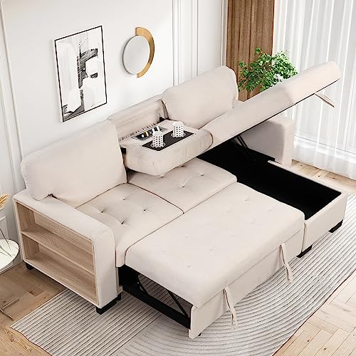 L-Shaped Pull Out Sleep Sofabed,Modern Reversible Sleeper Sectional Sofa Chenille Upholstered Tufted Sofa&Couch with Storage Chaise, Drop-Down Table, Cup Holders, Charging Ports,Power Sockets, Racks