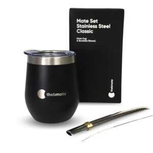 thebmate classic yerba mate set – double walled stainless steel mate cup – mate gourd with spill resistant lid, bombilla straw and cleaning brush (8 oz) (pure black)