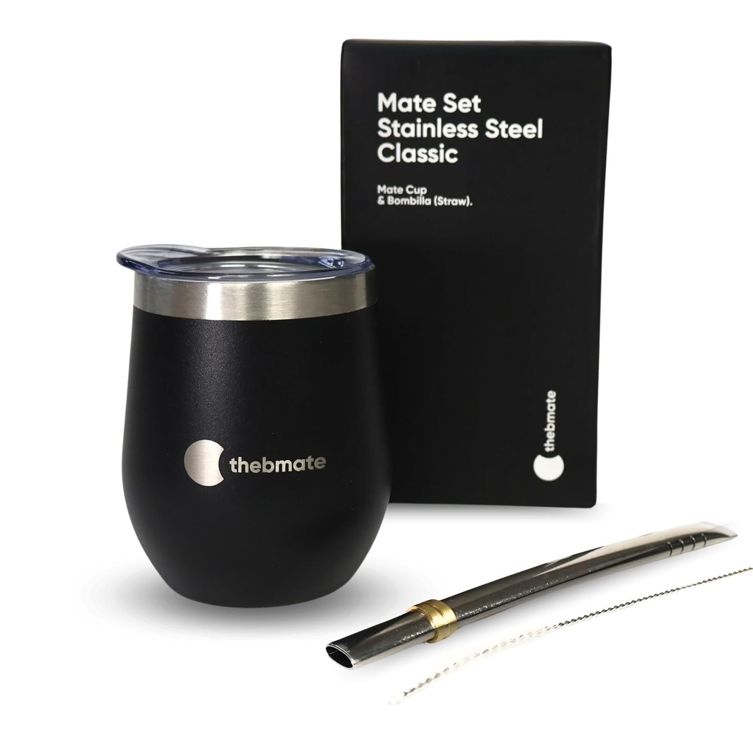 thebmate Classic Yerba Mate Set – Double Walled Stainless Steel Mate Cup – Mate Gourd with Spill Resistant Lid, Bombilla Straw and Cleaning Brush (8 oz) (Pure Black)