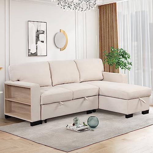 L-Shaped Pull Out Sleep Sofabed,Modern Reversible Sleeper Sectional Sofa Chenille Upholstered Tufted Sofa&Couch with Storage Chaise, Drop-Down Table, Cup Holders, Charging Ports,Power Sockets, Racks