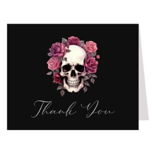 the invite lady gothic thank you cards till death do us part dark halloween gothic skull floral black purple fall autumn bridal shower printed folding cards (24 count)