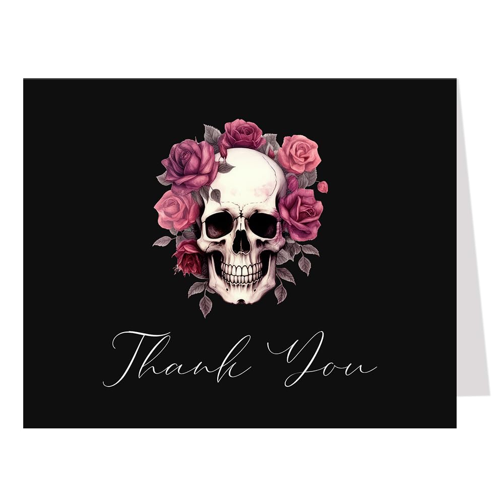 The Invite Lady Gothic Thank You Cards Till Death Do Us Part Dark Halloween Gothic Skull Floral Black Purple Fall Autumn Bridal Shower Printed Folding Cards (24 Count)