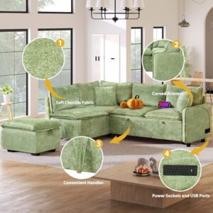 FANYE L-Shaped Corner Chenille Upholstered Sleeper Sectional Sofa Practical Convertible Sleep Sofabed W/Pull Out Sleep Couch Bed, Storage Ottoman and USB Charge Ports for Living Room