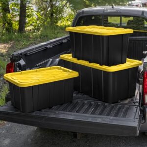 Sterilite 27 Gal Industrial Tote, Stackable Storage Bin with Snap-Fit Lid for Garage, Basement & Attic Storage, Black Base and Yellow Lily Lid, 6-Pack