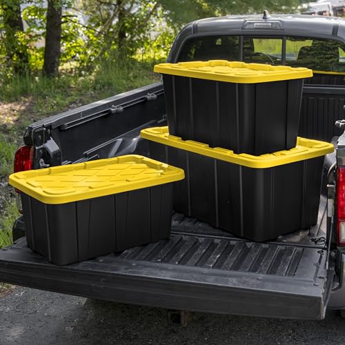 Sterilite 27 Gal Industrial Tote, Stackable Storage Bin with Snap-Fit Lid for Garage, Basement & Attic Storage, Black Base and Yellow Lily Lid, 6-Pack