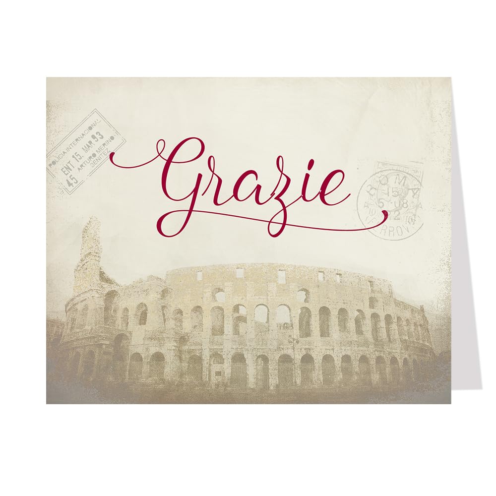 The Invite Lady Grazie Thank You Cards Bridal Wedding Shower Colosseum Rome Italy Italian Passport Stamps Honeymoon Travel Adventure Awaits That's Amore Brown Vintage (24 Count)