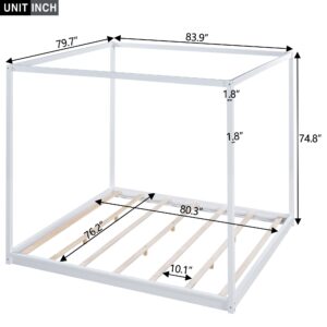 Merax Wooden Canopy Platform Bed Frame King Size Floor Bed/Mattress Foundation with Slat Support White