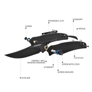 Harnds Pocket Folding Knife, Front Flipper Knife with D2 Steel Blade and G10 Handle, Premium EDC Knife with Pocket Clip for Outdoor Fishing Survival (Black-Black Titanium)