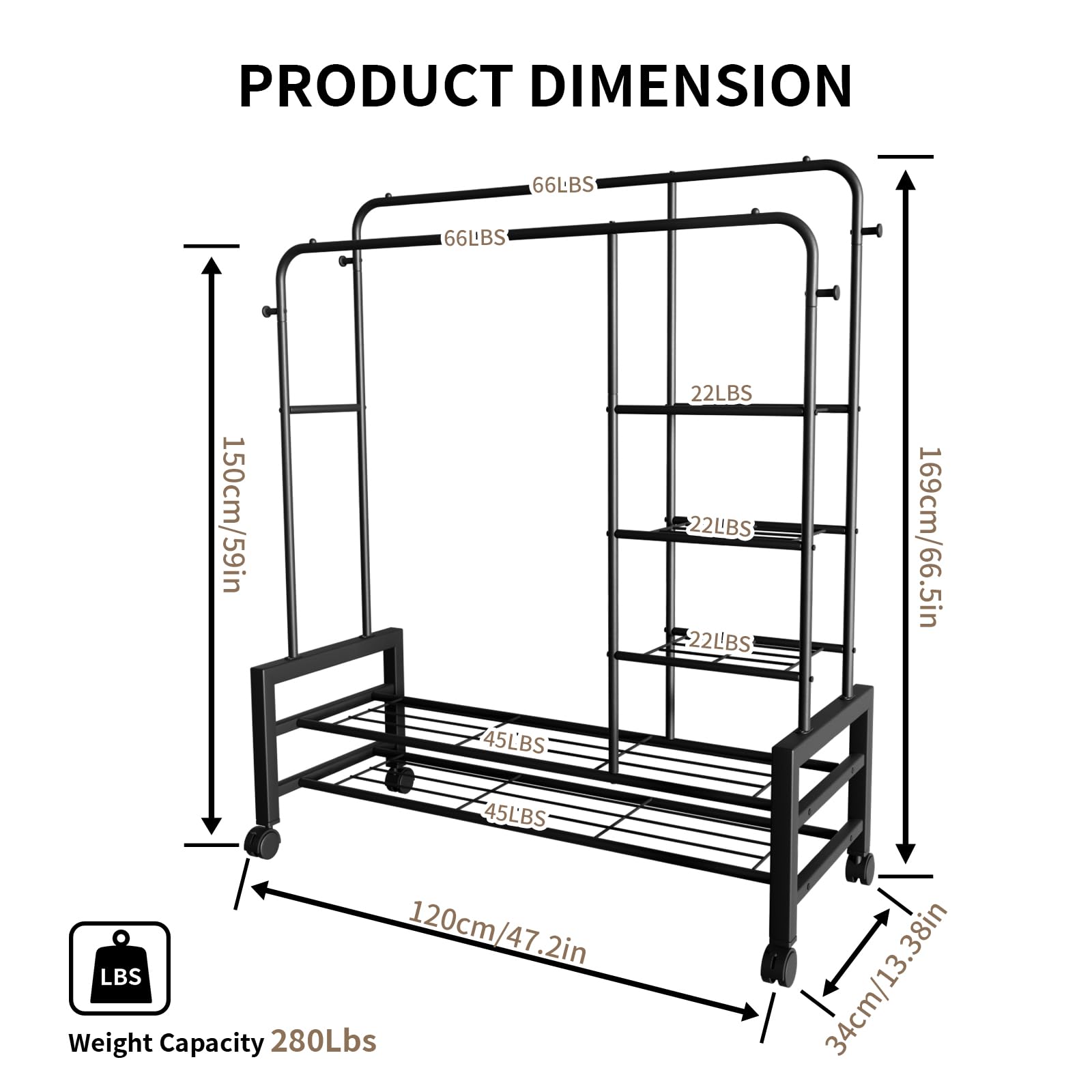 S&R PLKOP Double Rods Mobile Clothing Rack Heavy Duty Garment Rack for Hanging Clothes, 4 Side Hooks, Black, Clothes Racks for Hanging Clothes Multifunctional Bedroom Storage