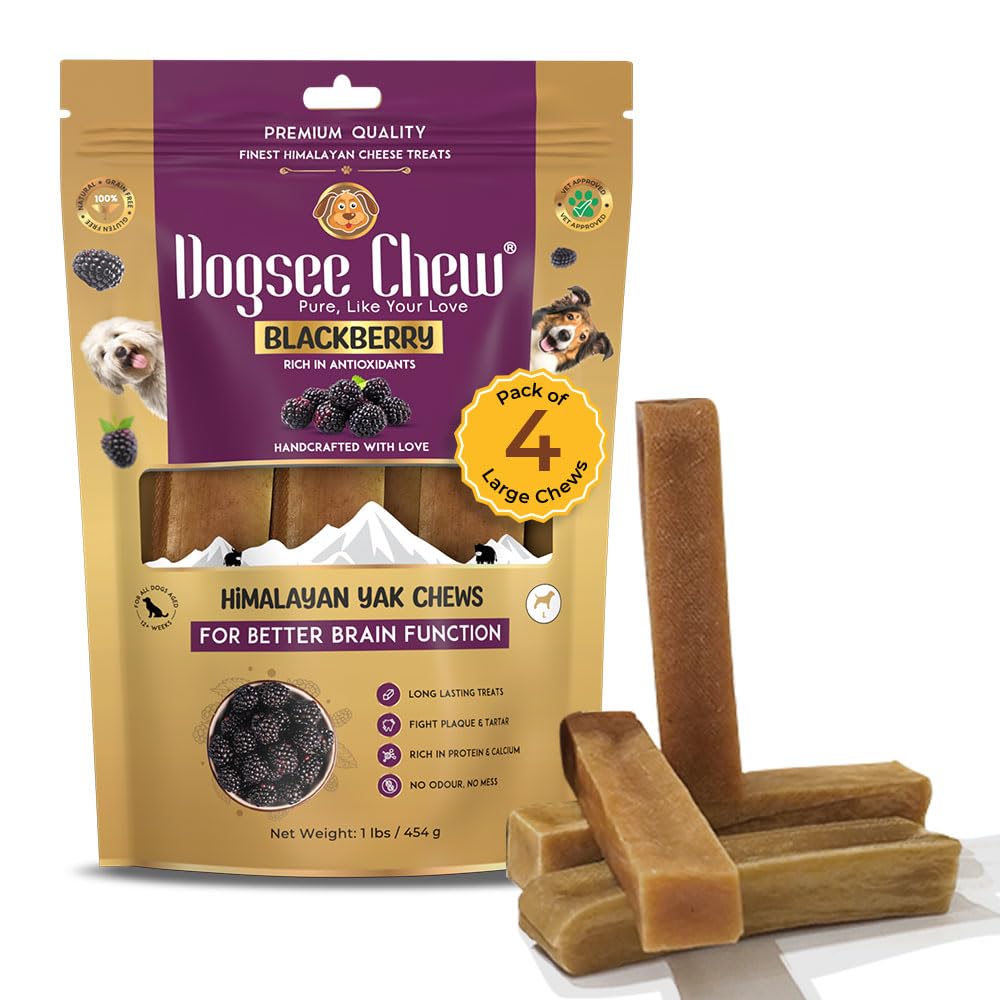 Dogsee Himalayan Yak Cheese Chews with BlackBerry 1lb (Large - 4 Chews) | Rich in Antioxidants | Fight Plaque & Tartar | Long Lasting Dental Dog Chews