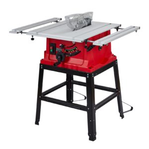 table saw, merxeng 10 inch 15a multifunctional saw with stand & push stick, 90° cross cut & 0-45° bevel cut, 5000rpm, adjustable blade height for woodworking, red