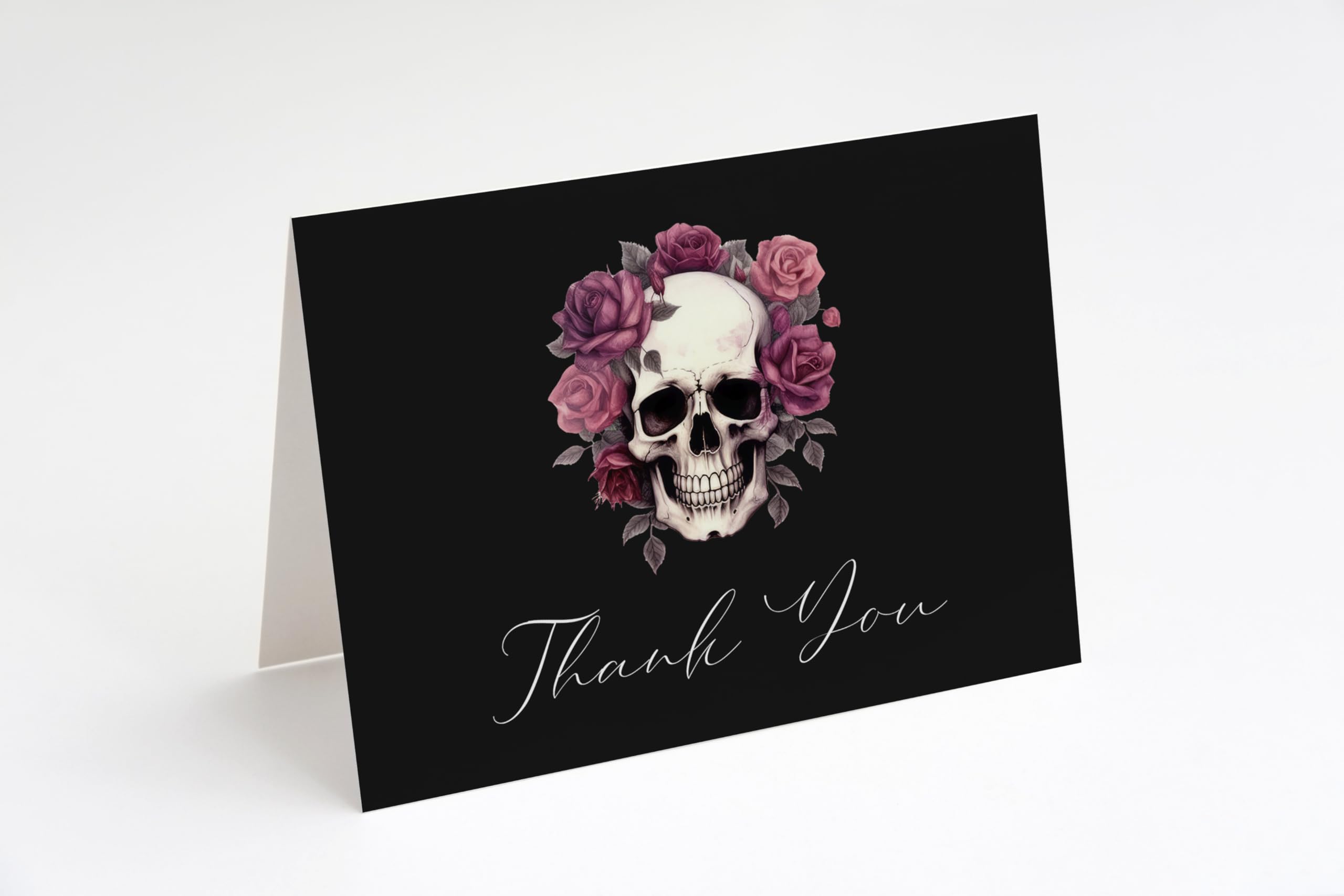 The Invite Lady Gothic Thank You Cards Till Death Do Us Part Dark Halloween Gothic Skull Floral Black Purple Fall Autumn Bridal Shower Printed Folding Cards (24 Count)