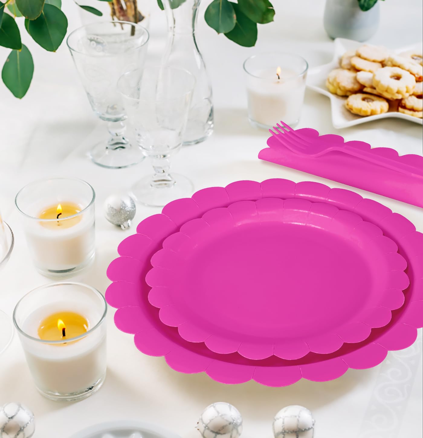 MUNILAIL 96 Pcs Hot Pink Plates and Napkins Party Supplies Serve 24 Guests Including Hot Pink Scalloped Paper Plates and Napkins Plastic Forks for Baby Shower Birthday Party Disposable Dinnerware Set