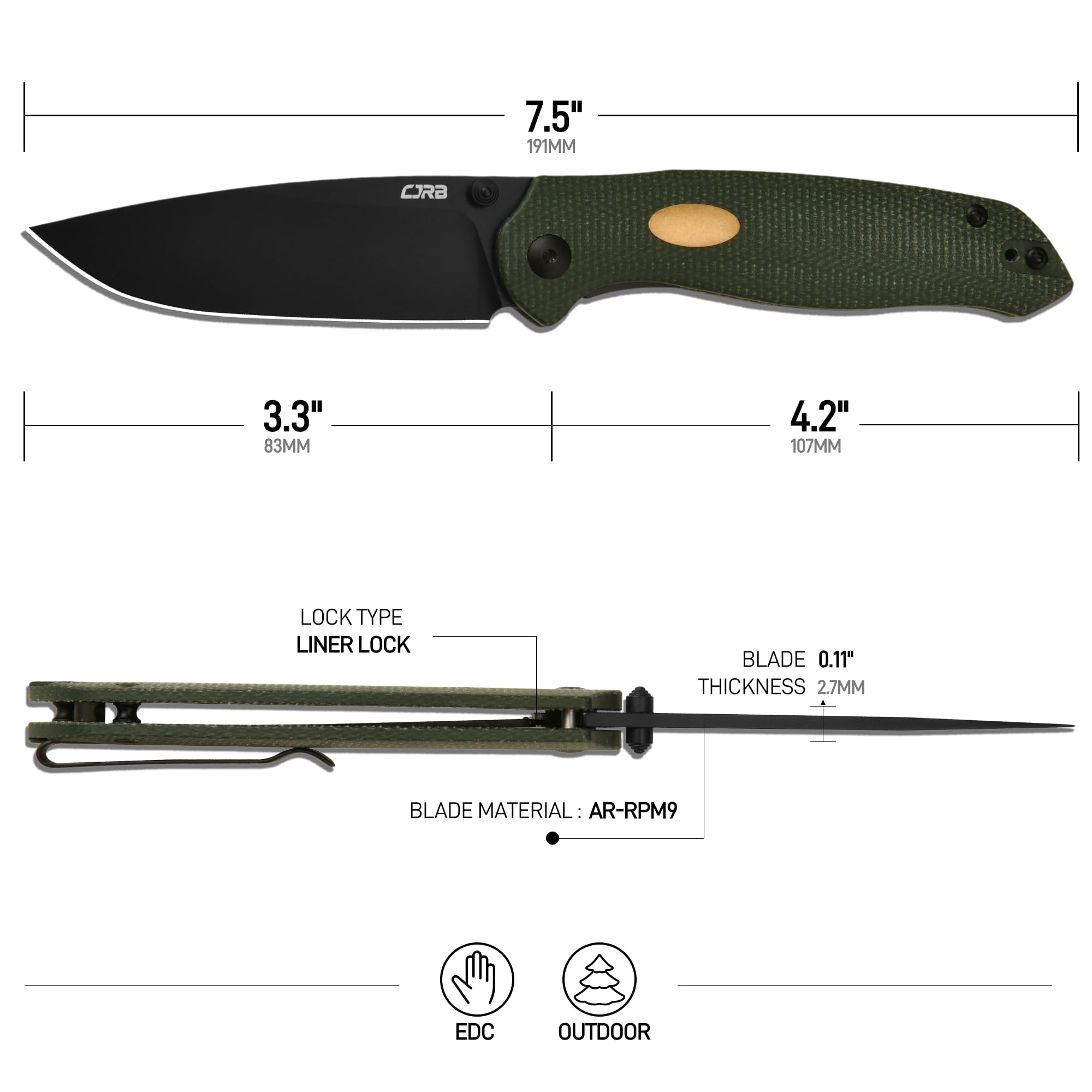 CJRB Aes Folding Pocket Knife, Pocket Knife with 3.3"AR-RPM9 Steel Blade Mircarta Handle, Folding Knife with Pocket Clip for Men Women, EDC Knives for Camping Survival, Designed by Dylan Mallery J1938