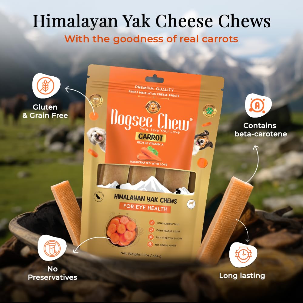 Dogsee Himalayan Yak Cheese Chews with Real Carrots 1lb (Large - 4 Chews) | for Healthy Vision | Fight Plaque & Tartar | Long Lasting Dental Dog Chews…