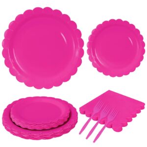 MUNILAIL 96 Pcs Hot Pink Plates and Napkins Party Supplies Serve 24 Guests Including Hot Pink Scalloped Paper Plates and Napkins Plastic Forks for Baby Shower Birthday Party Disposable Dinnerware Set