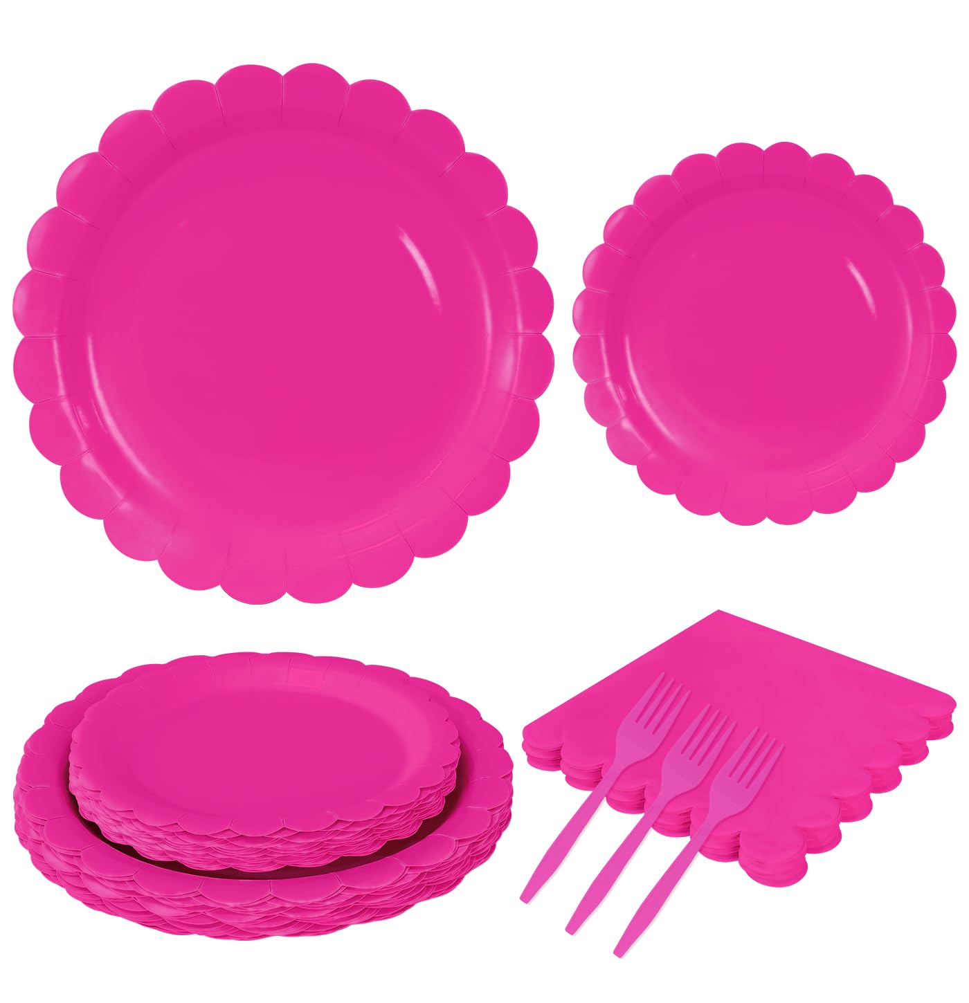 MUNILAIL 96 Pcs Hot Pink Plates and Napkins Party Supplies Serve 24 Guests Including Hot Pink Scalloped Paper Plates and Napkins Plastic Forks for Baby Shower Birthday Party Disposable Dinnerware Set