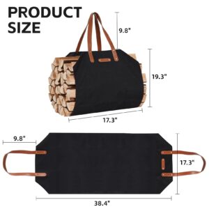 Permade Firewood Carrier with Real Leather Handles, Log Carrier for Firewood Canvas, 38.4x17.3inch Wood Carrier for Fireplace, Water Resistant Firewood Tote Bag, Stove, Outdoor Camping - Black