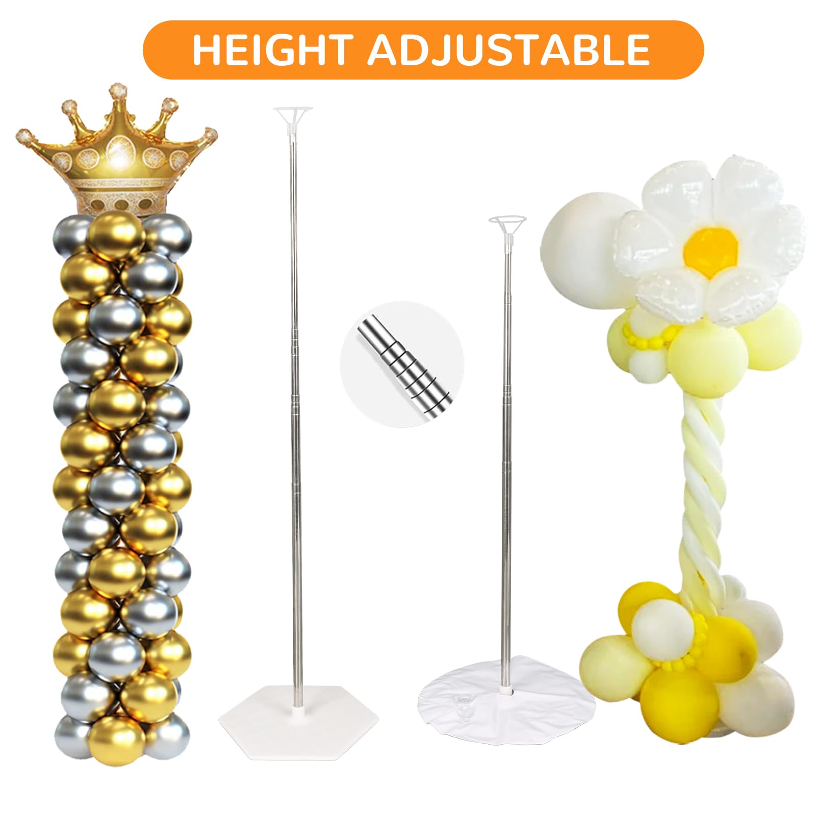 Metal Balloon Column Stand Kit Set of 4, Reusable Telescopic Design with Base and Water Bags, Height Adjustable from 1.4 to 6.8 Ft, Balloon Stander for Baby Shower Birthday Graduation Wedding Party