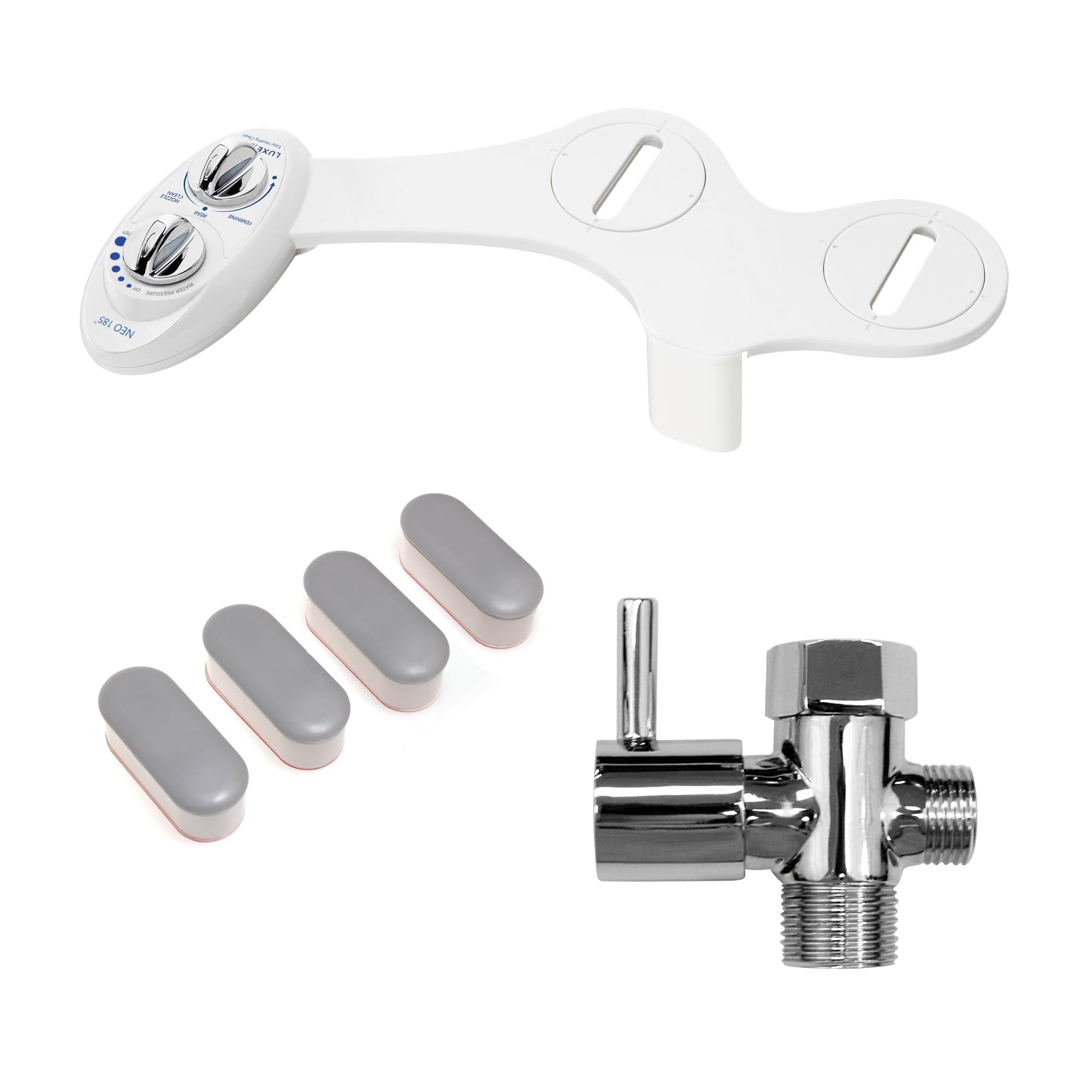 LUXE Bidet NEO 185 White, Toilet Seat Bumpers and Shut-Off Valve T-Adapter Bundle