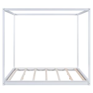 Merax Wooden Canopy Platform Bed Frame King Size Floor Bed/Mattress Foundation with Slat Support White