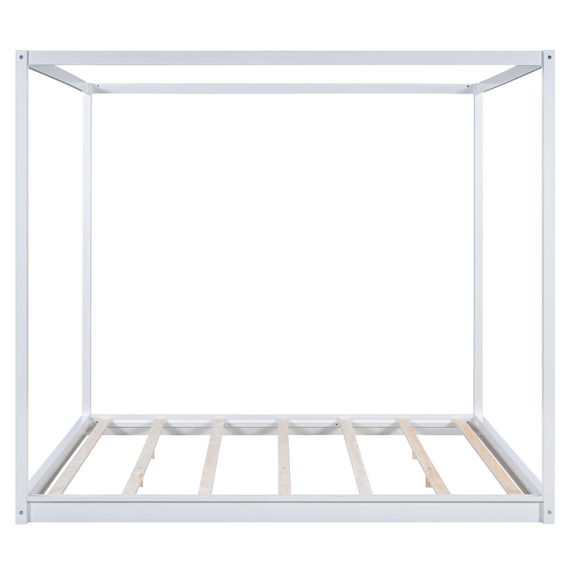 Merax Wooden Canopy Platform Bed Frame King Size Floor Bed/Mattress Foundation with Slat Support White