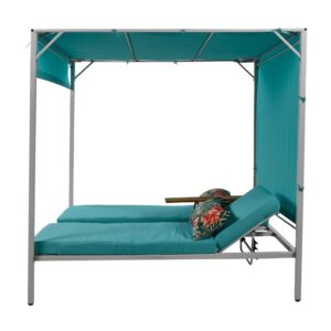 GOAWGO Outdoor Patio Daybed with Canopy-Double Chaise Lounge, 2-Person Sunbed with Comfy Cushions & Throw Pillows, Adjustable Small Tabletop, Sunshade Curtains, 3-Position Adjustable Backrest (Blue)