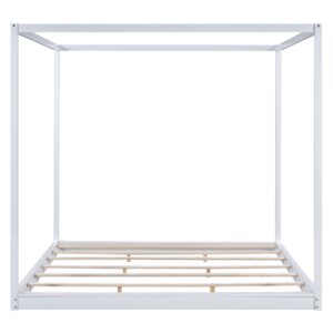 Merax Wooden Canopy Platform Bed Frame King Size Floor Bed/Mattress Foundation with Slat Support White