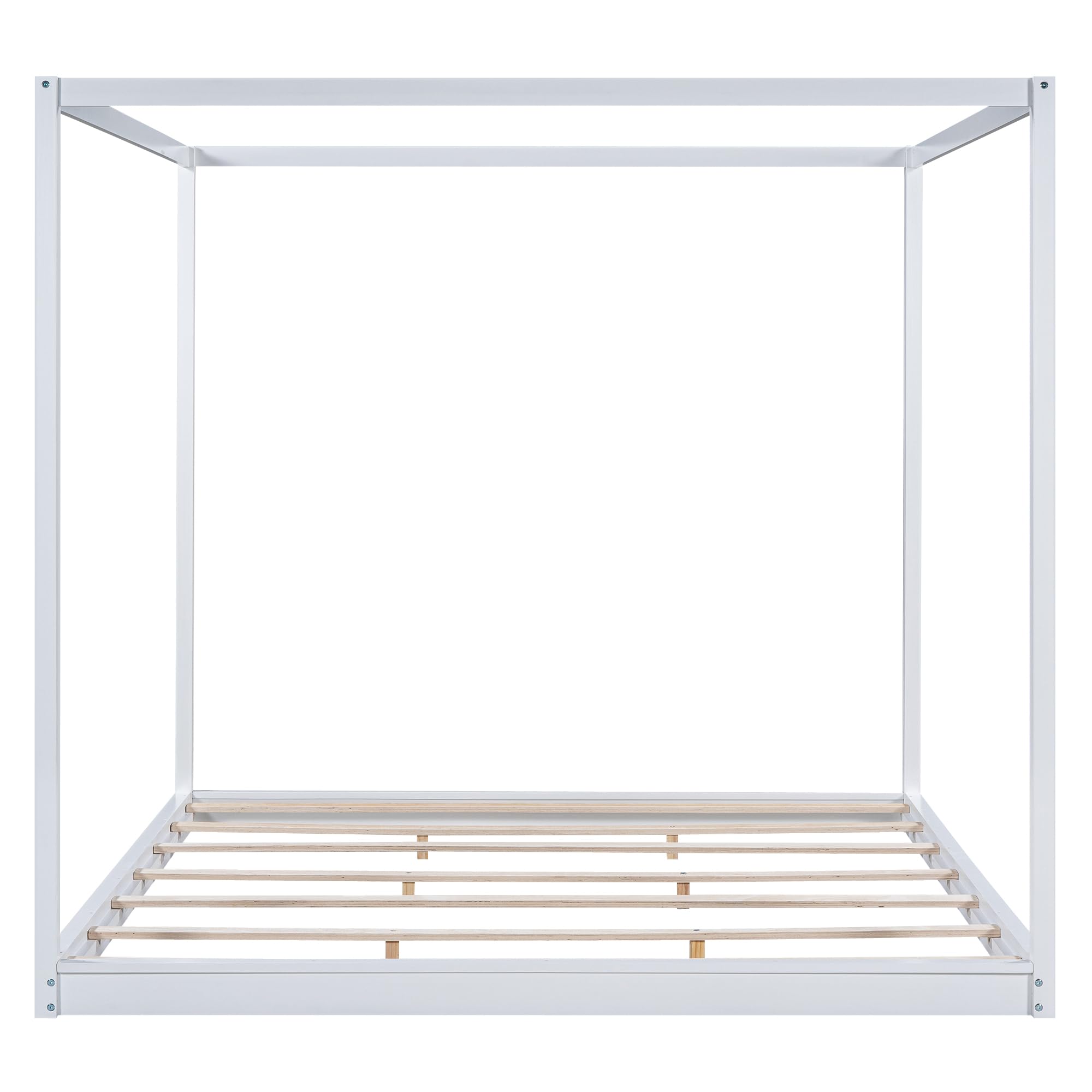 Merax Wooden Canopy Platform Bed Frame King Size Floor Bed/Mattress Foundation with Slat Support White