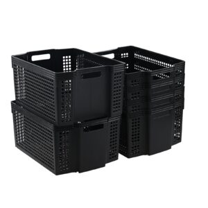 fabnati large stacking storage basket, 6 pack plastic stackable organizing basket bin, black