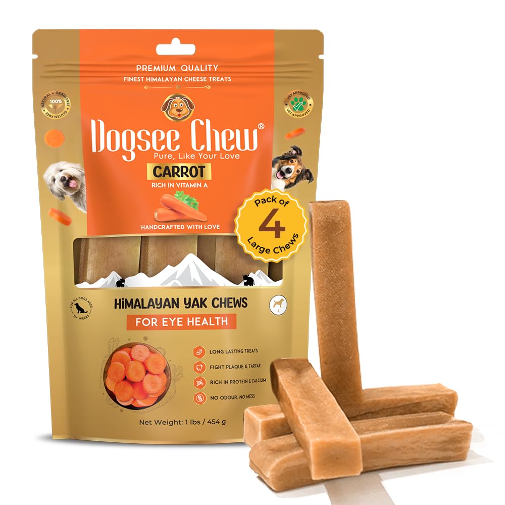 Dogsee Himalayan Yak Cheese Chews with Real Carrots 1lb (Large - 4 Chews) | for Healthy Vision | Fight Plaque & Tartar | Long Lasting Dental Dog Chews…