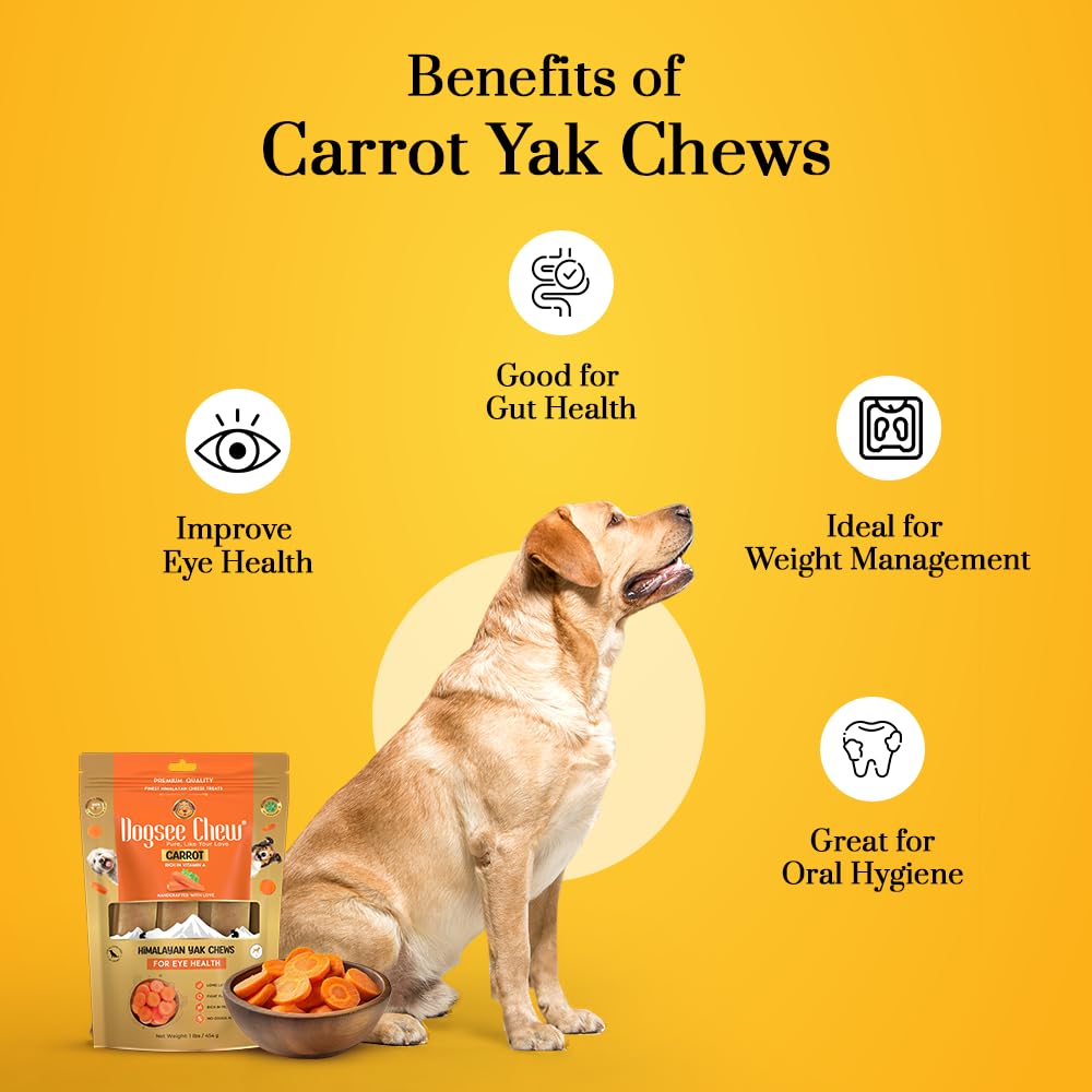 Dogsee Himalayan Yak Cheese Chews with Real Carrots 1lb (Large - 4 Chews) | for Healthy Vision | Fight Plaque & Tartar | Long Lasting Dental Dog Chews…