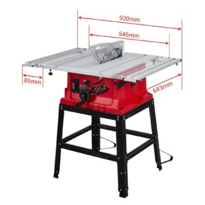 Table Saw, MERXENG 10 Inch 15A Multifunctional Saw With Stand & Push Stick, 90° Cross Cut & 0-45° Bevel Cut, 5000RPM, Adjustable Blade Height for Woodworking, Red